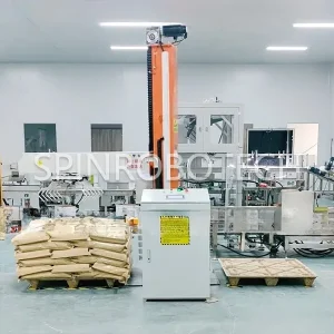 Food-grade Palletizing Machine, High-Speed Single Column Dual-Station Palletizer for 25kg Bags of Flour Improver, Customized dual‑lane palletizing cell with two pallet stations, PLC control automatic column palletizing machine with customized grippers, can be CE certificated