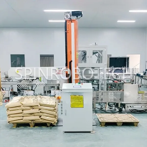 Food-grade Palletizing Machine, High-Speed Single Column Dual-Station Palletizer for 25kg Bags of Flour Improver, Customized dual‑lane palletizing cell with two pallet stations, PLC control automatic column palletizing machine with customized grippers, can be CE certificated