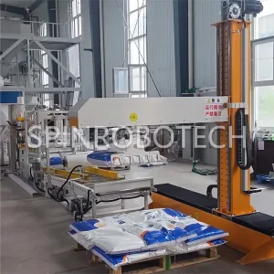 Cartesian Coordinate Palletizing Robot, Heavy-Duty Cartesian XYZ Palletizer for 25KG Bags of Degreasing Powder, PLC-controlled Cartesian XYZ Stacking Machine with CE Certification. SPIN's Cartesian XYZ palletizer: Compact, easy to install, high safety, and low initial cost.