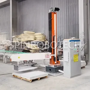 CE-Cetificated Column Palletizer, High Efficiency Column Rotating Palletizer, Customized Dual-station Column Rotating Palletizing Machine, Equipped Custom Fixture for 13.2KG Cutting Rock Wool Board, Dual Palletizing Workstation with CE Certification. SPIN's Column rotating palletizer: Dual-station, continuous operation, no speed loss.