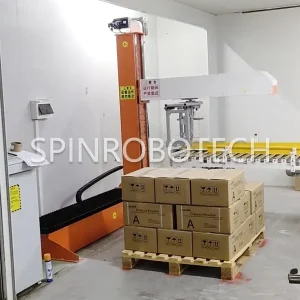 Low-price XYZ Cartesian Palletizing Machine, customized column palletizer for 25kg Boxes of Medicines, PLC-controlled heavy-duty cartesian palletizer with CE certification. SPIN's Cartesian XYZ Palletizer: Compact, easy to install, high safety, and low initial cost.