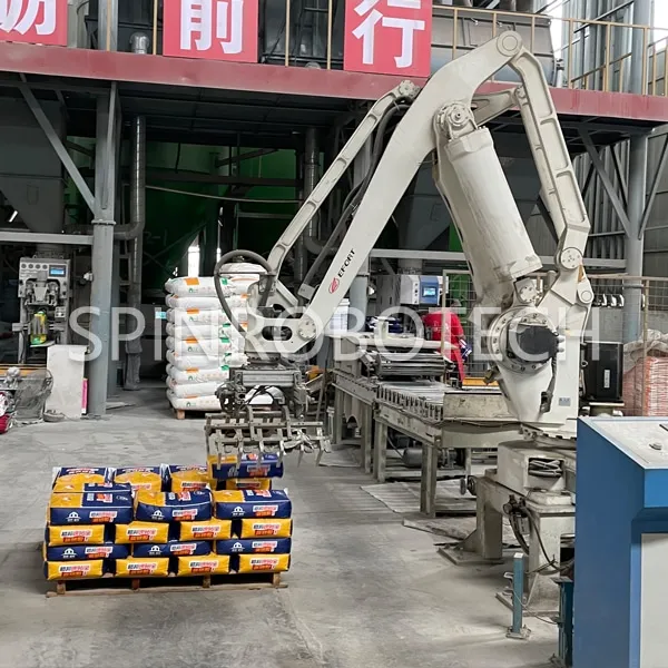 High-precise Articulated Palletizer for 20KG Valve Bags of Tile Adhesive, Automatic 4-Axis Palletizing Machine with Customized Gripper, Customized EFORT Robotic Arm with CE Certification.