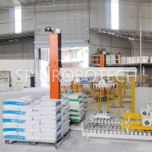 High-speed Palletizing Equipment, Wall Putty Palletizing Robot, Dual-Station Column Rotary Palletizer for 20KG / 25KG Bagged Wall Putty, with CE certification. SPIN's Column rotating palletizer: Dual-station, continuous operation, no speed loss.