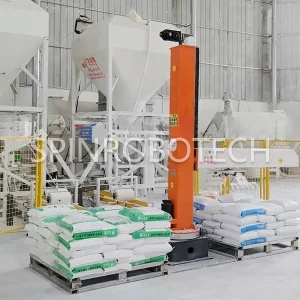 Column Rotary Palletizer, High-speed Palletizing Equipment, Dual-Station Column Rotary Palletizer for 20KG / 25KG Bagged Wall Putty SPIN's Column rotating palletizer: Dual-station, continuous operation, no speed loss.
