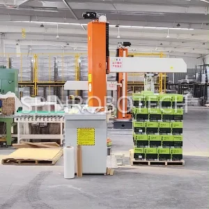 Column-Type Rotary Palletizer, Battery Palletizing Machine, customized dual-station palletizing machine, equipped with custom gripper for 20kg battery pack. SPIN's Column rotating palletizer: Dual-station, continuous operation, no speed loss.