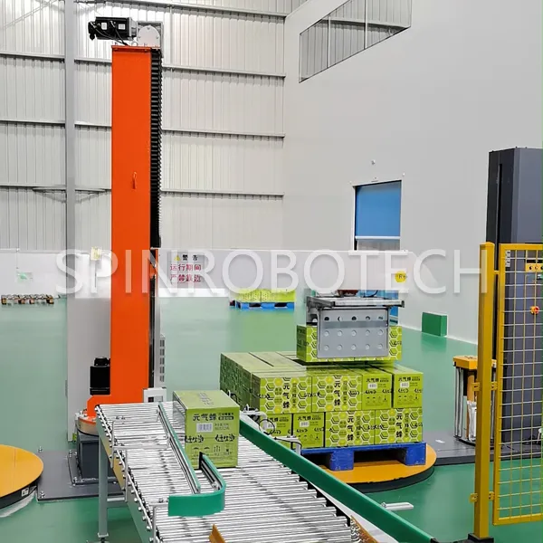 Ratery Dual-station Palletizer, Custom Two-Box-One-Grip Palletizer, Equipped with Double Wrapping Machine, for 6KG Boxes of Honey Water, with CE certification. SPIN's Column rotating palletizer: Dual-station, continuous operation, no speed loss.