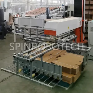 Corrugated Boards Palletizing Machine, Dual-station Column Rotary Palletizer, Equipped with Custom Integrated Gripper, for 8KG-15KG Board Bundles, with CE Certification. SPIN's Column rotating palletizer: Dual-station, continuous operation, no speed loss.