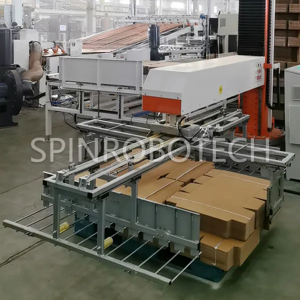 Corrugated Boards Palletizing Machine, Dual-station Column Rotary Palletizer, Equipped with Custom Integrated Gripper, for 8KG-15KG Board Bundles, with CE Certification. SPIN's Column rotating palletizer: Dual-station, continuous operation, no speed loss.