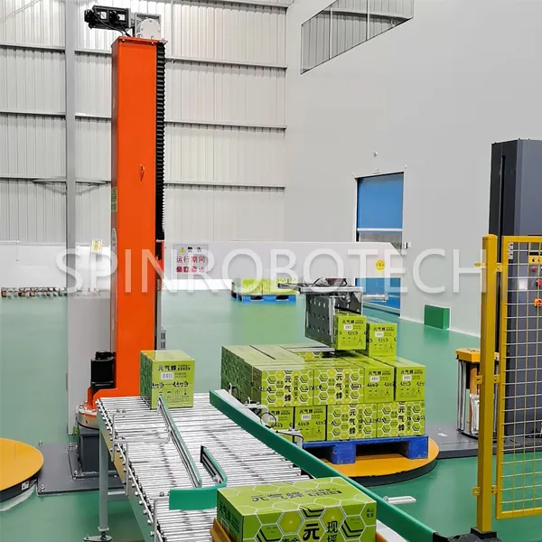 Single Column Rotary Palletizer, Custom Two-Box-One-Grip Palletizer, Equipped with Double Palletizing Station and Wrapping Machine, for 6KG Boxes of Honey Water with CE certification. SPIN's Column rotating palletizer: Dual-station, continuous operation, no speed loss.